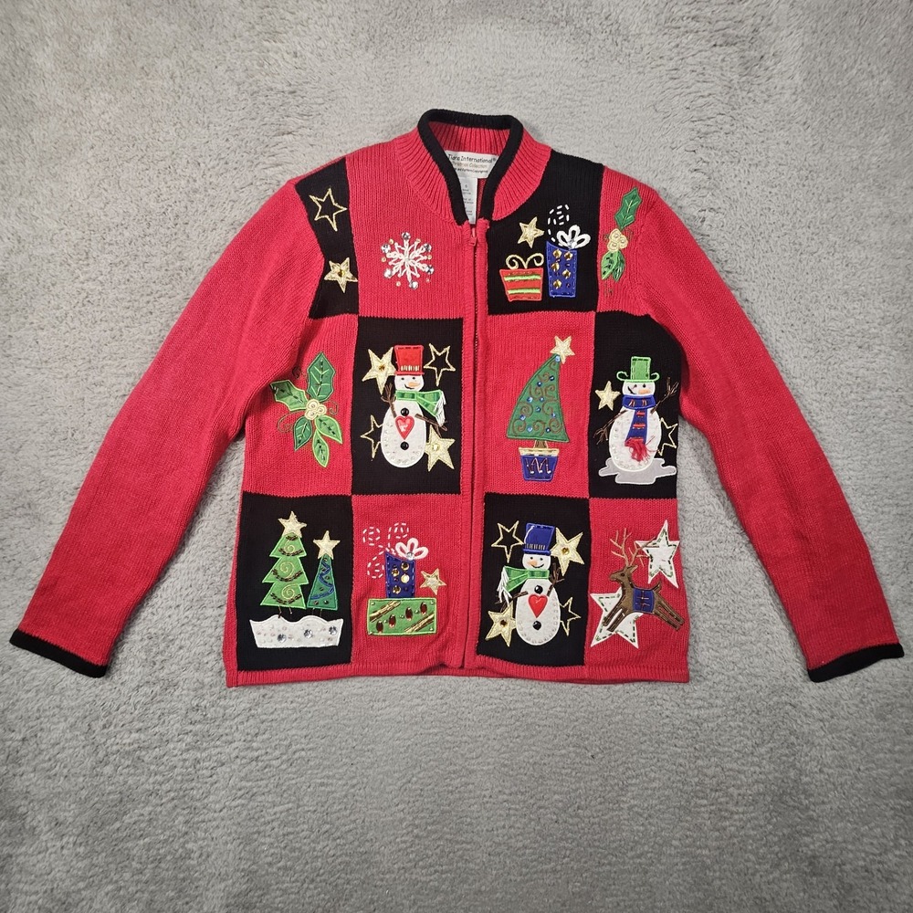 Vtg Tiara International Christmas Sweater Womens S Red Patchwork Snowman Festive